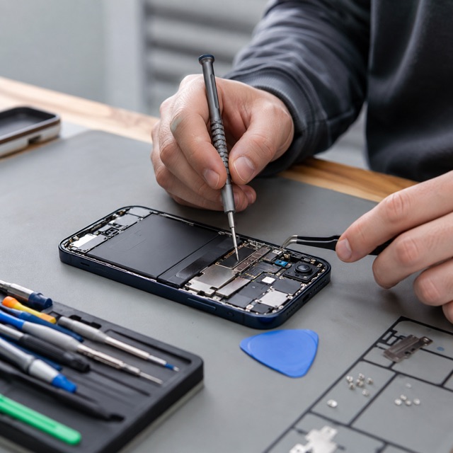 Technicien remplaçant la batterie d'un smartphone démonté